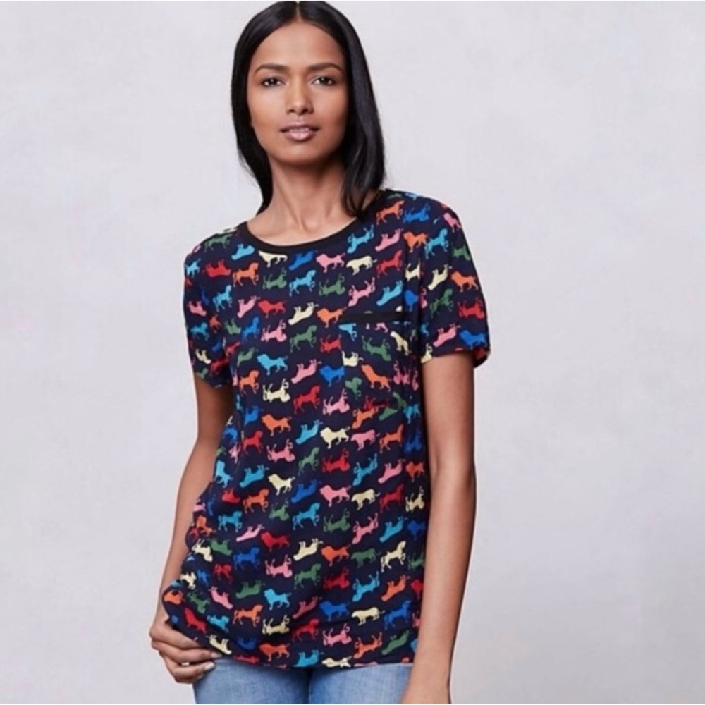 Maeve Navy Whimsical Multicolor Animal Print Rayon Tee Size 6